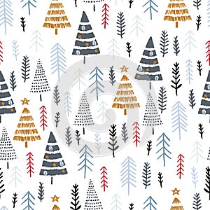 Winter seamless pattern with christmas trees, spruce woods