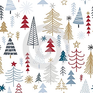 Winter seamless pattern with christmas trees, spruce woods on white background.