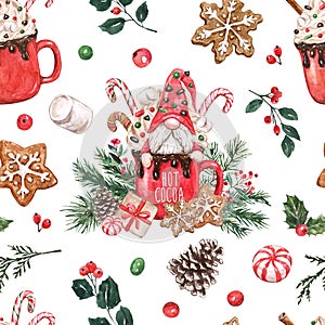 Winter seamless pattern. Christmas watercolor print. Hand-painted red cocoa mug, cute gnome, pine branches on white background