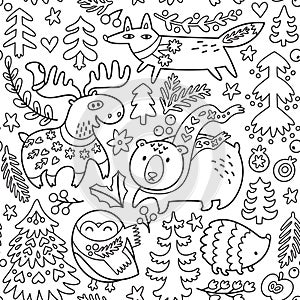 Winter seamless pattern with cozy animals and decorative elements in outline