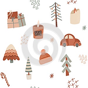 Winter seamless pattern of cozy elements (simple Christmas trees, candles, gift boxes, knitted hat, red car)