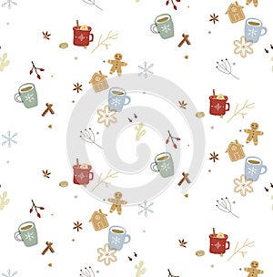 Winter seamless pattern with cups and gingerbread cookies