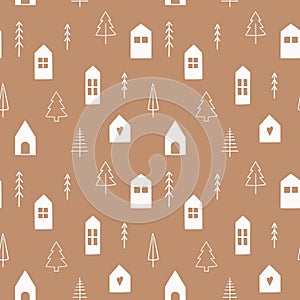 Winter seamless pattern with cute Christmas trees and houses.