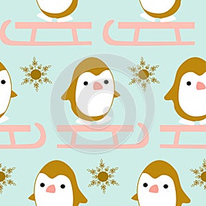 Winter seamless pattern with cute kawaii pinguin on a sleigh