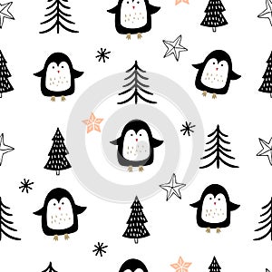 Winter seamless pattern with cute penguins on white background