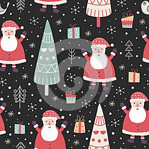 Winter seamless pattern with a cute Santa, Christmas trees