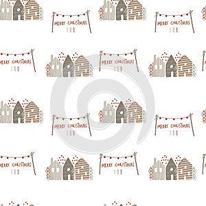 Winter seamless pattern of cute simple houses and Merry Christmas greeting