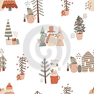 Winter seamless pattern of cute snowmen and Christmas trees