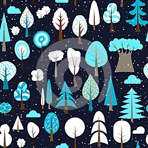 Winter seamless pattern of different trees and bushes. Vector forest illustration.