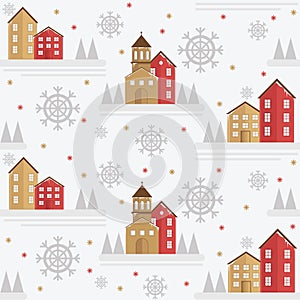Winter seamless pattern element with houses, spruces and snowflakes