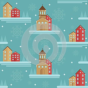 Winter seamless pattern element with houses, spruces and snowflakes. Blue background