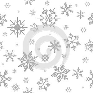 Winter seamless pattern with flat silver grey snowflakes on white background.