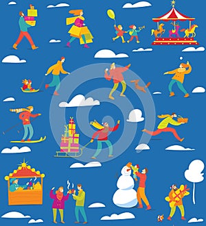 Winter seamless pattern with flat style people for Christmas