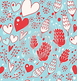 Winter seamless pattern with flowers, hearts and snowflakes. Endless lace background for prints, textile, scrapbooking, craft