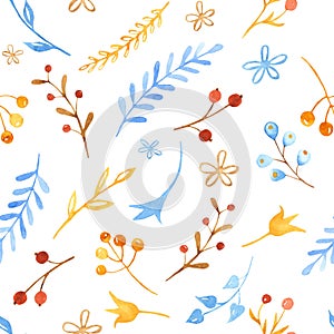 Winter seamless pattern with flowers, leaves, branches, berries.