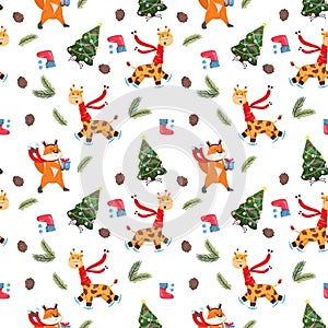 Winter seamless pattern with giraffe, fox, pine branches, pine cones and Christmas tree.