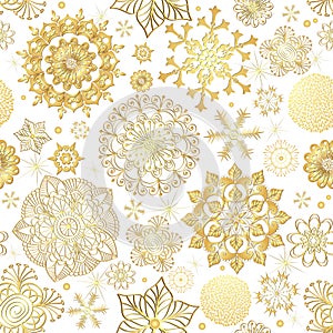 Winter seamless pattern with gold snowflakes