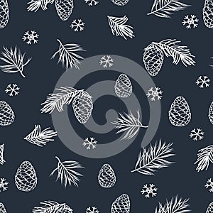 Winter seamless pattern with hand drawn cones and pine spruce.