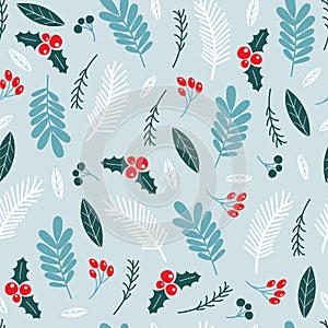 Winter seamless pattern with holly berries. Vector