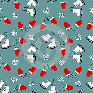 Winter seamless pattern with mittens, skates and snowflakes.