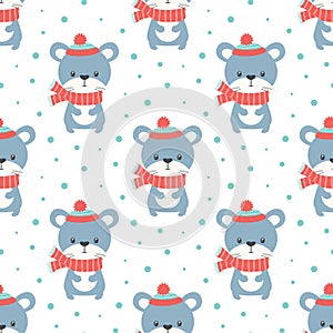 Winter seamless pattern with mouse and snow