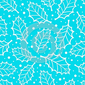 Winter seamless pattern with outline holly leaf