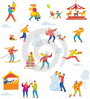 Winter seamless pattern with people for Christmas