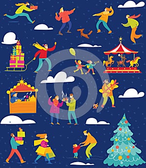 Winter seamless pattern with people for Christmas