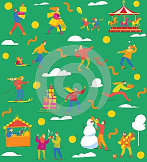 Winter seamless pattern with people for Christmas abstract flat style