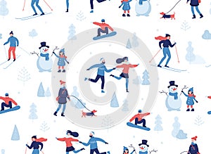 Winter seamless pattern. People having winter activities in park, skiing, skating, snowboarding, girl walking the dog