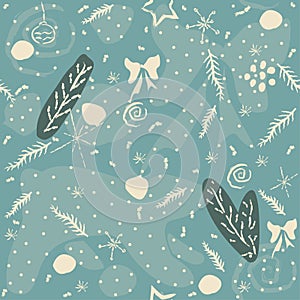 Winter Seamless pattern with pine branches, berries and twigs