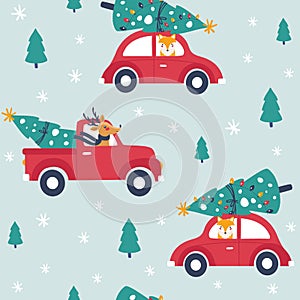 Winter seamless pattern with red car and christmas tree.