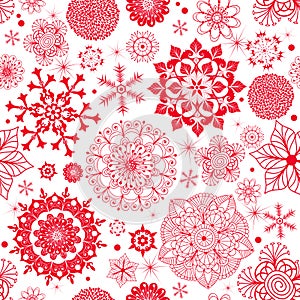 Winter seamless pattern with red snowflakes