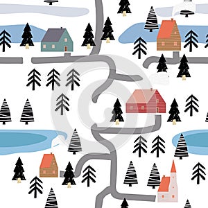 Winter seamless pattern scandinavian landscape, forest, village. Nordic folc art style, Christmas,cozy mood. Vector