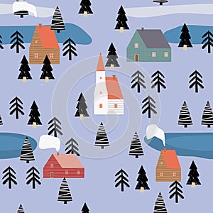 Winter seamless pattern scandinavian landscape, forest, village. Nordic folc art style, Christmas,cozy mood. Vector