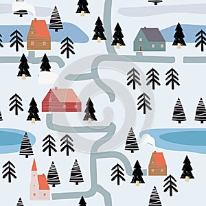 Winter seamless pattern scandinavian landscape, forest, village. Nordic folc art style, Christmas,cozy mood. Vector