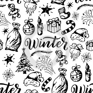 Winter seamless pattern. Season elements s on white background. Christmas theme retro texture.