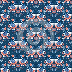 Winter seamless pattern. Silhouettes of decorative, ornate snowbird kissing among the branches and flowers on a dark
