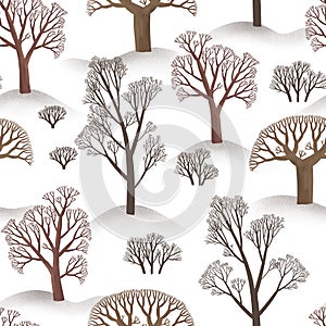 Winter seamless pattern of simple trees. Illustartion of brown forest on white snow background