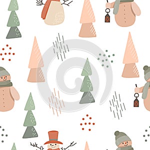 Winter seamless pattern of snowman, abstract elements and simple Christmas trees