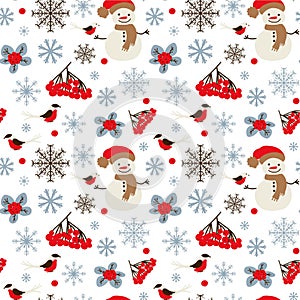 Winter seamless pattern with snowman, mountain ash, bullfinches, snowflakes