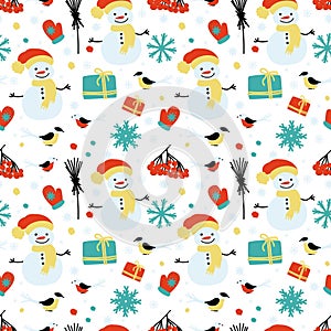 Winter seamless pattern with snowmen, birds Christmas mood