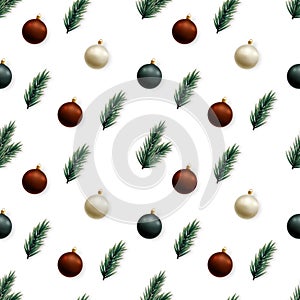 Winter seamless pattern with tree branches and Christmas baubles on white background.