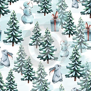 Winter seamless pattern on a white background with Christmas trees, hares, snowmen, gifts. Watercolor illustration from