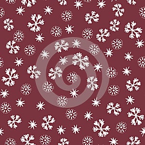 Winter seamless pattern with white snowflakes on color background. Vector illustration for fabric, textile wallpaper