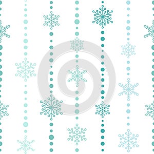 Winter seamless pattern with white snowflakes and dots strings on white background. New Year wallpaper. Vector flat symmetric