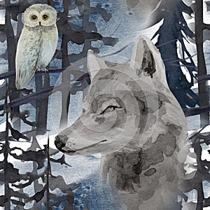 Winter seamless pattern with wolf in forest