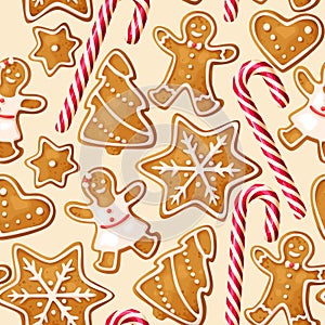 Winter seamless patterns with gingerbread cookies