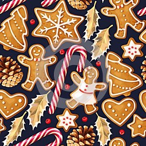 Winter seamless patterns with gingerbread cookies