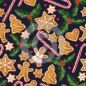 Winter seamless patterns with gingerbread cookies